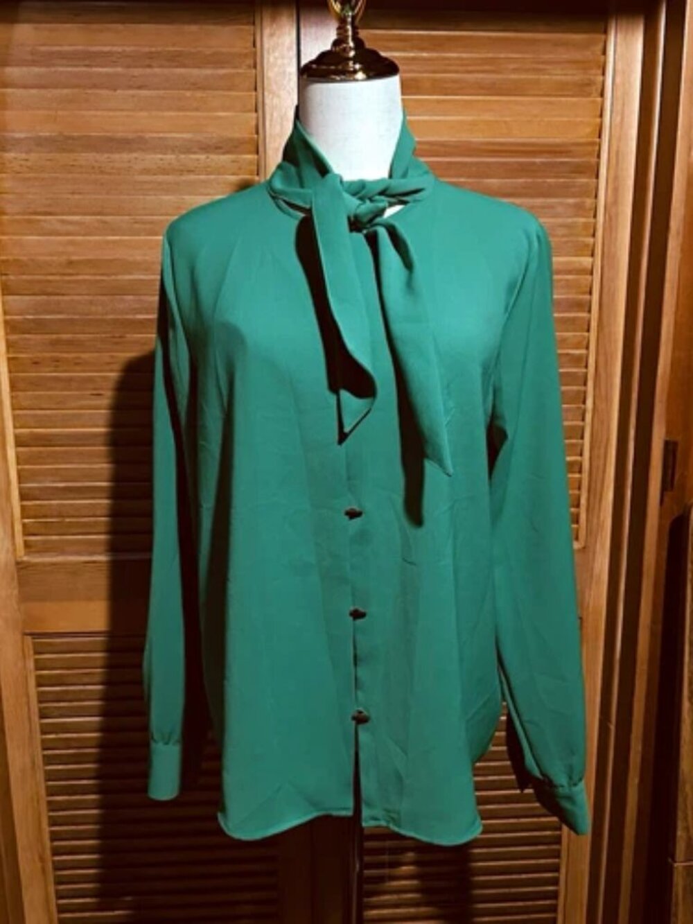ZARA Green Chiffon Polyester Collared Tie Neck Button Blouse Long Sleeve M